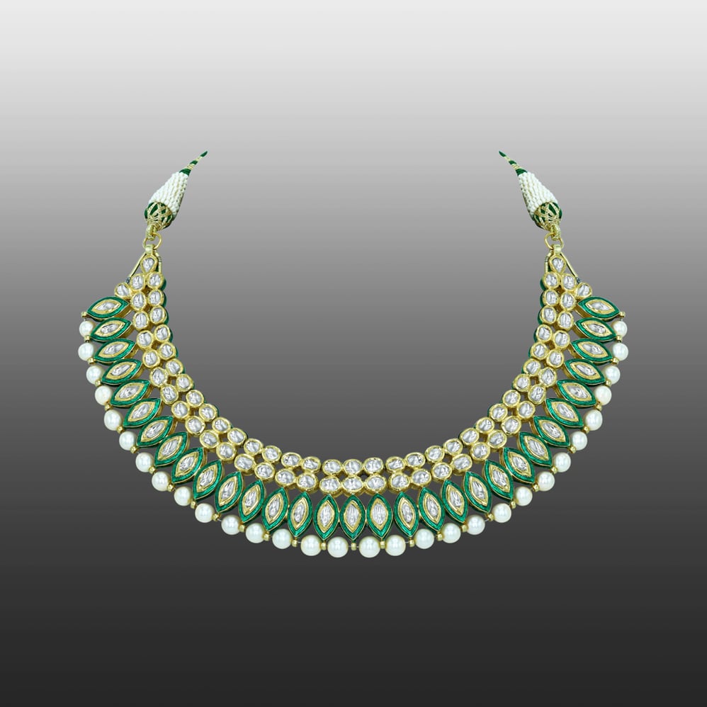 Polki Diamond Necklace with Green Enamel and Pearls